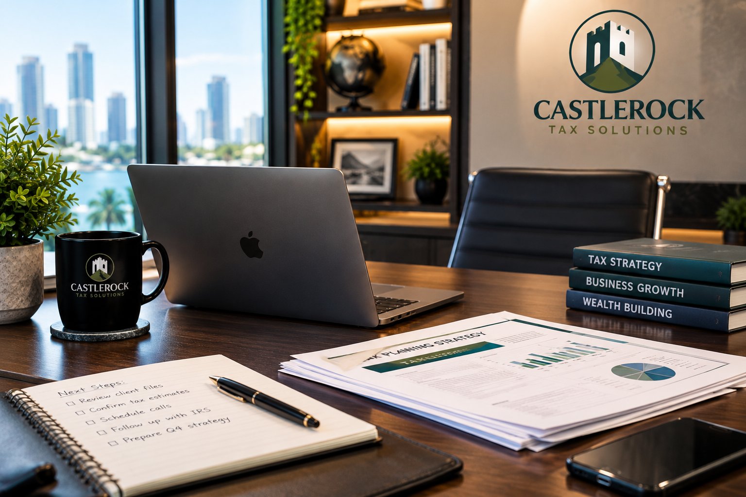 Castle Rock Tax Solutions desk with laptop and financial reports