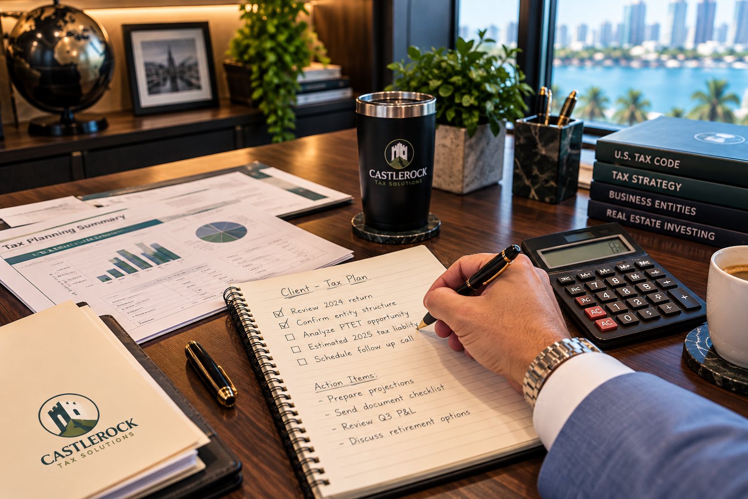 Tax planning notes and financial reports at Castle Rock Tax Solutions